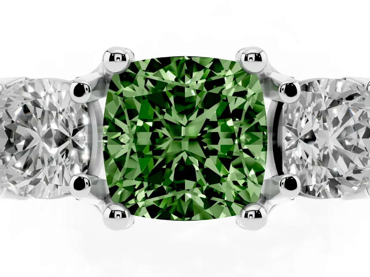 Fancy Green Cushion Cut Diamond Three-Stone Ring with Channel Set Band and Four-Prong Setting Silver