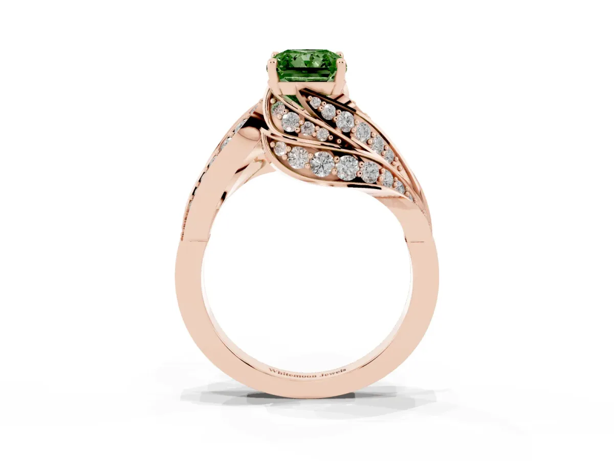Fancy Green Radiant Cut Diamond Solitaire Ring with Prong Setting and Twisted Pavé Band Rose gold