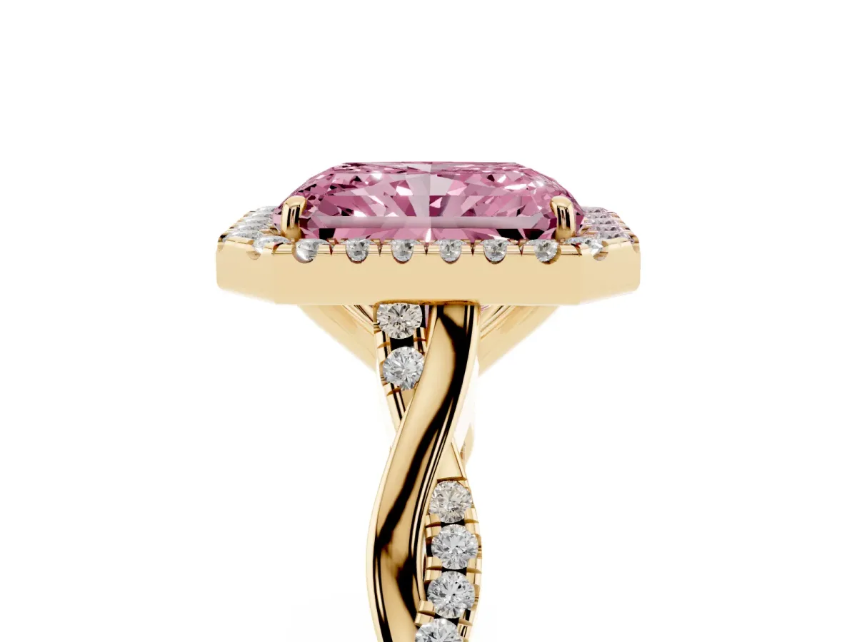 Fancy Pink Radiant Cut Halo Twist Band Solitaire Ring Yellow gold