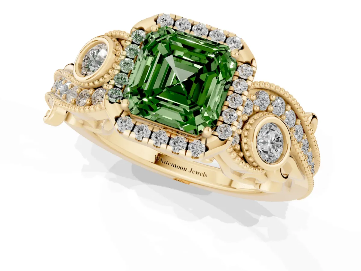 Fancy Green Asscher Cut Halo Diamond Ring with Milgrain and Bezel Accents on a Split Shank Band Yellow gold