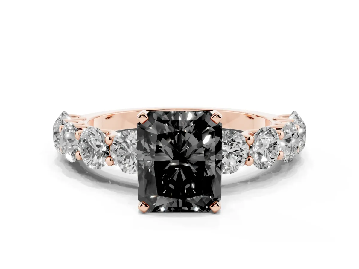 Fancy Black Radiant Cut Diamond Prong Setting with Side Stones on a Pave Band Rose gold