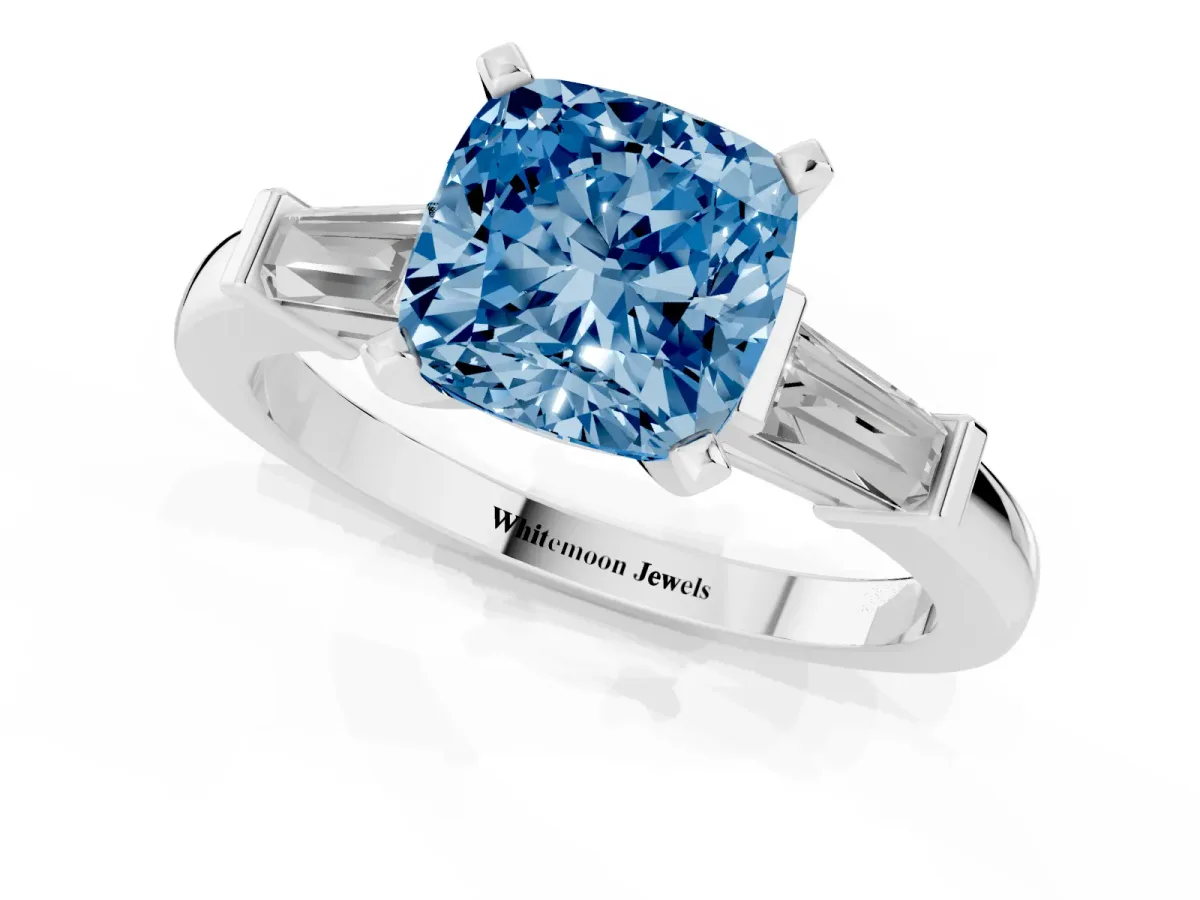 Fancy Blue Cushion Cut Cut Diamond Solitaire Ring with Tapered Baguette Accents and Four-Prong Setting Silver