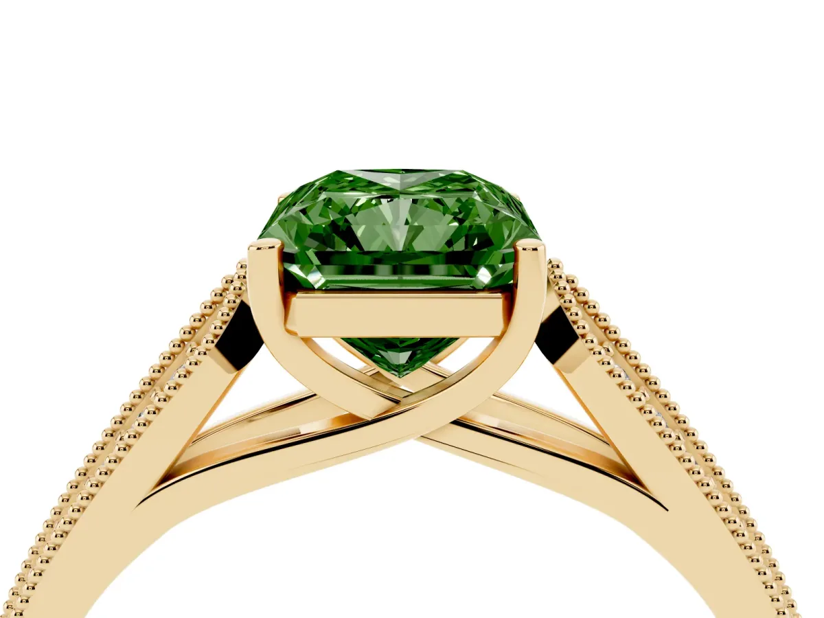 Fancy Green Radiant Cut Cut Pave Split Shank Engagement Ring with Four-Prong Setting Yellow gold
