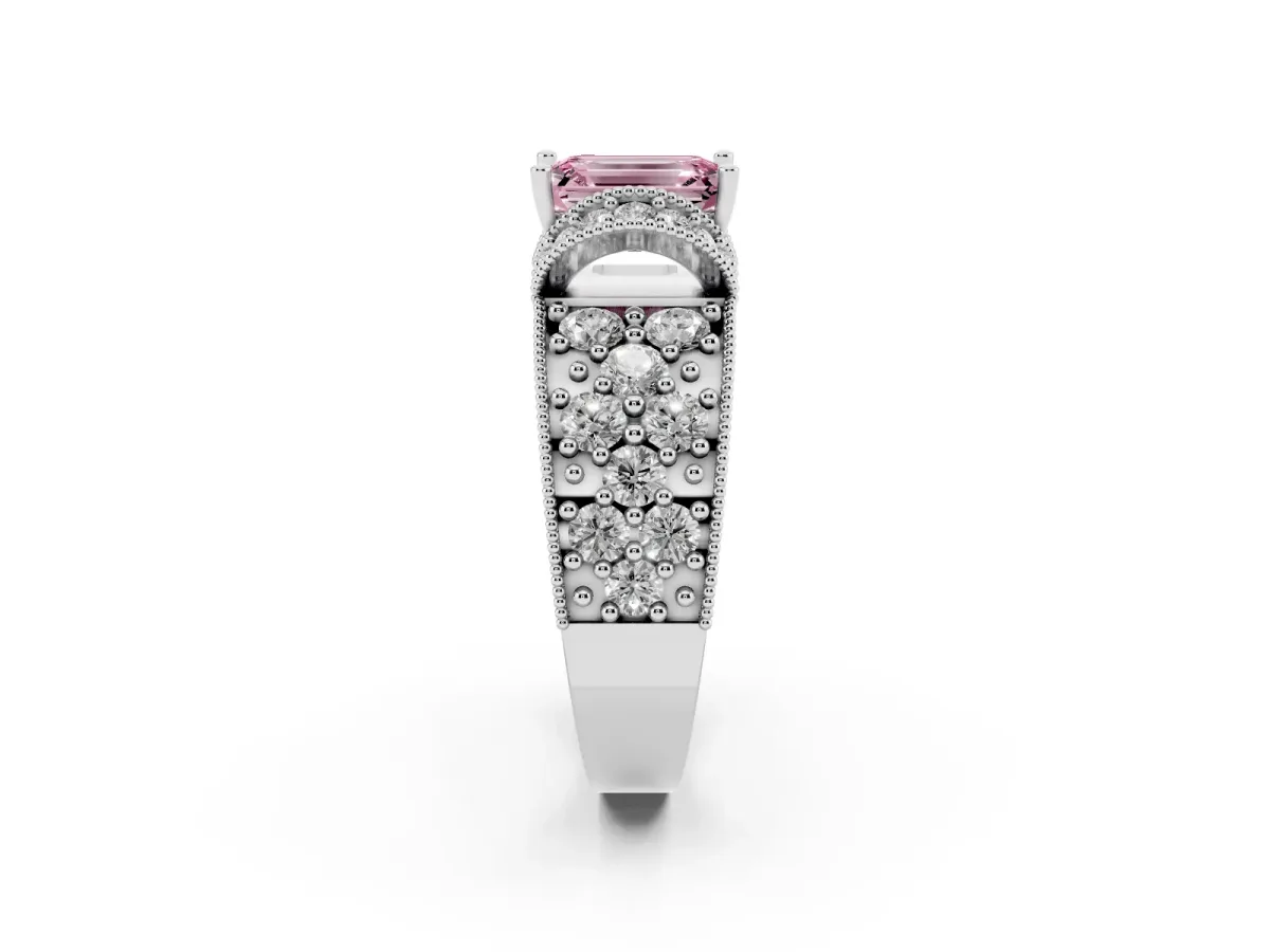 Fancy Pink Emerald Cut Halo Pave Diamond Engagement Ring with Milgrain Detailing Silver