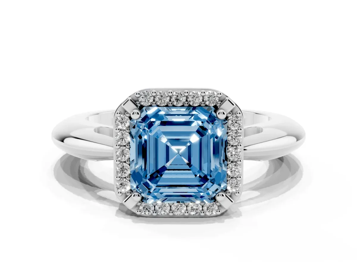 Fancy Blue Asscher Cut Cut Diamond Halo Engagement Ring with Split Shank and Four-Prong Setting Platinum