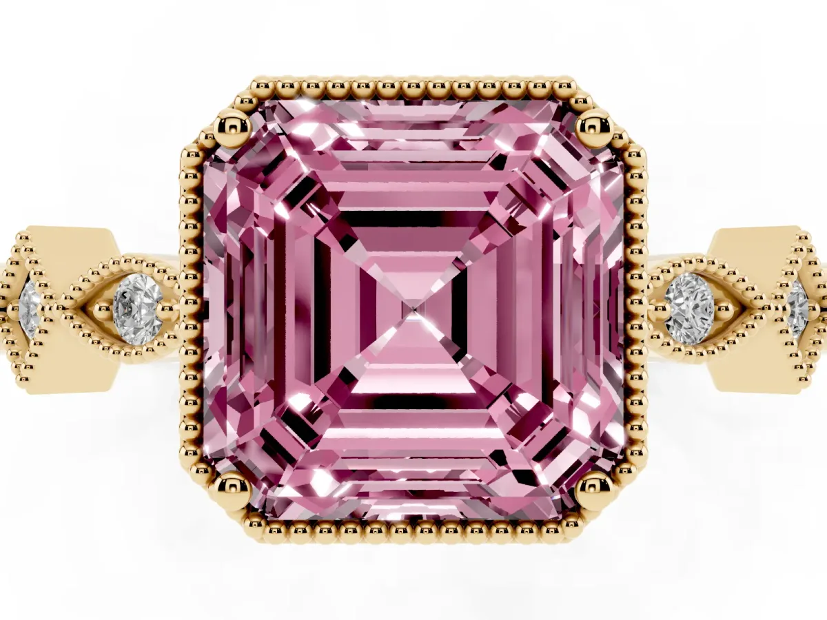 Fancy Pink Asscher Cut Milgrain Marquise Diamond Twist Band Ring Yellow gold