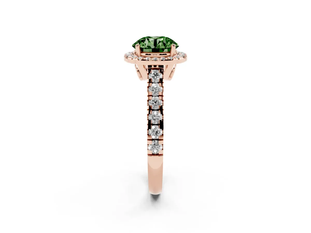Fancy Green Round Cut Halo Pavé Diamond Engagement Ring with Four-Prong Setting Rose gold