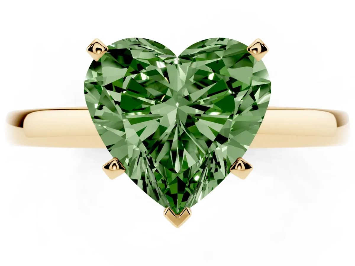 Fancy Green Heart Cut Solitaire Diamond Engagement Ring with Four-Prong Setting on a Classic Band Yellow gold