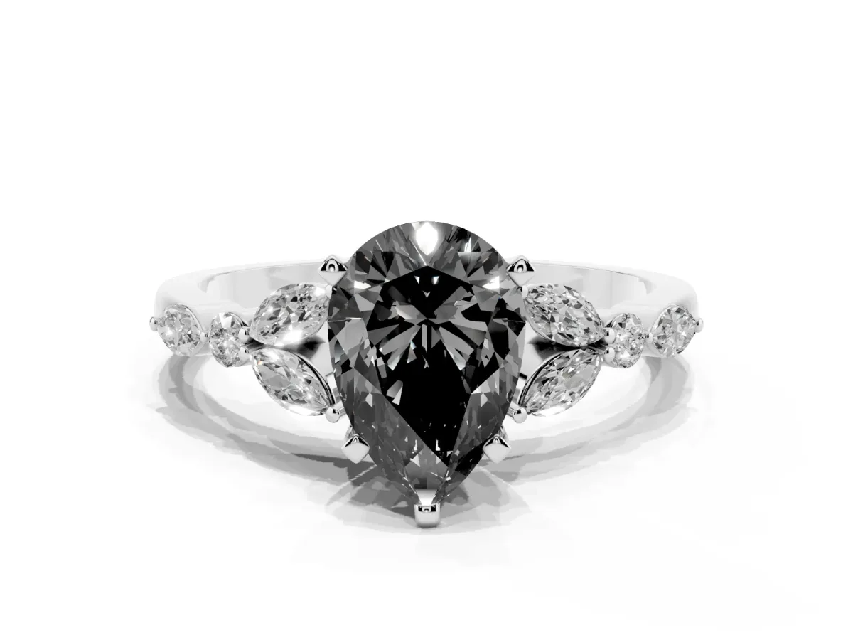 Fancy Black Pear Cut Diamond Solitaire Ring with Side Stones and Four-Prong Setting Platinum