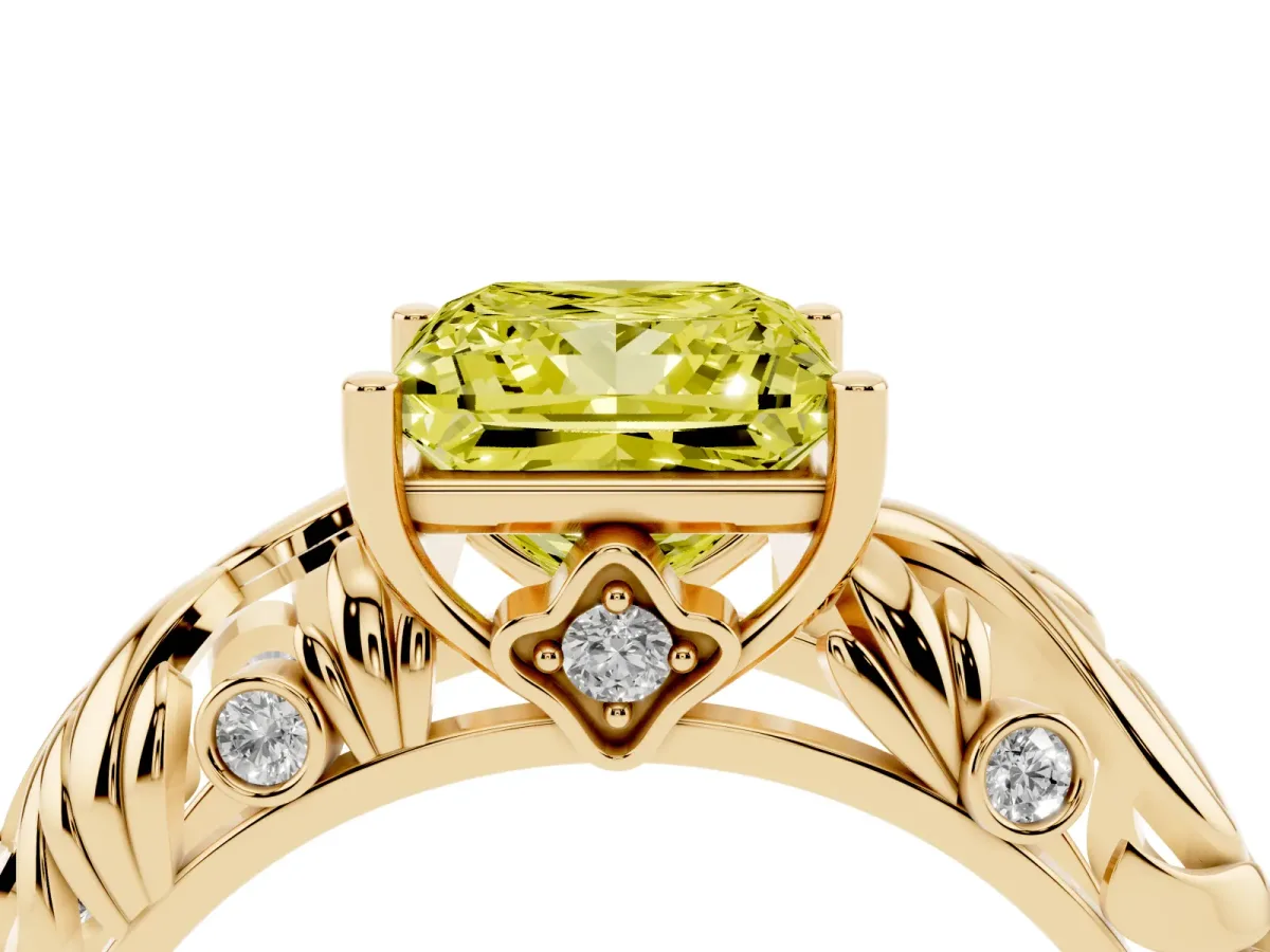 Fancy Yellow Princess Cut Solitaire Diamond Leaf-Inspired Vine Band Ring with Prong Setting Yellow gold