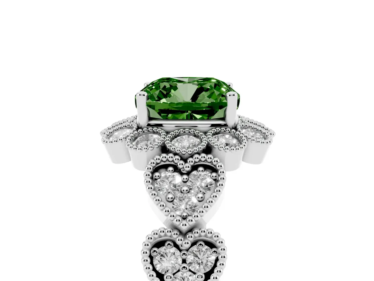 Fancy Green Cushion Cut Brilliant Milgrain Pave Heart Band Solitaire Ring Silver