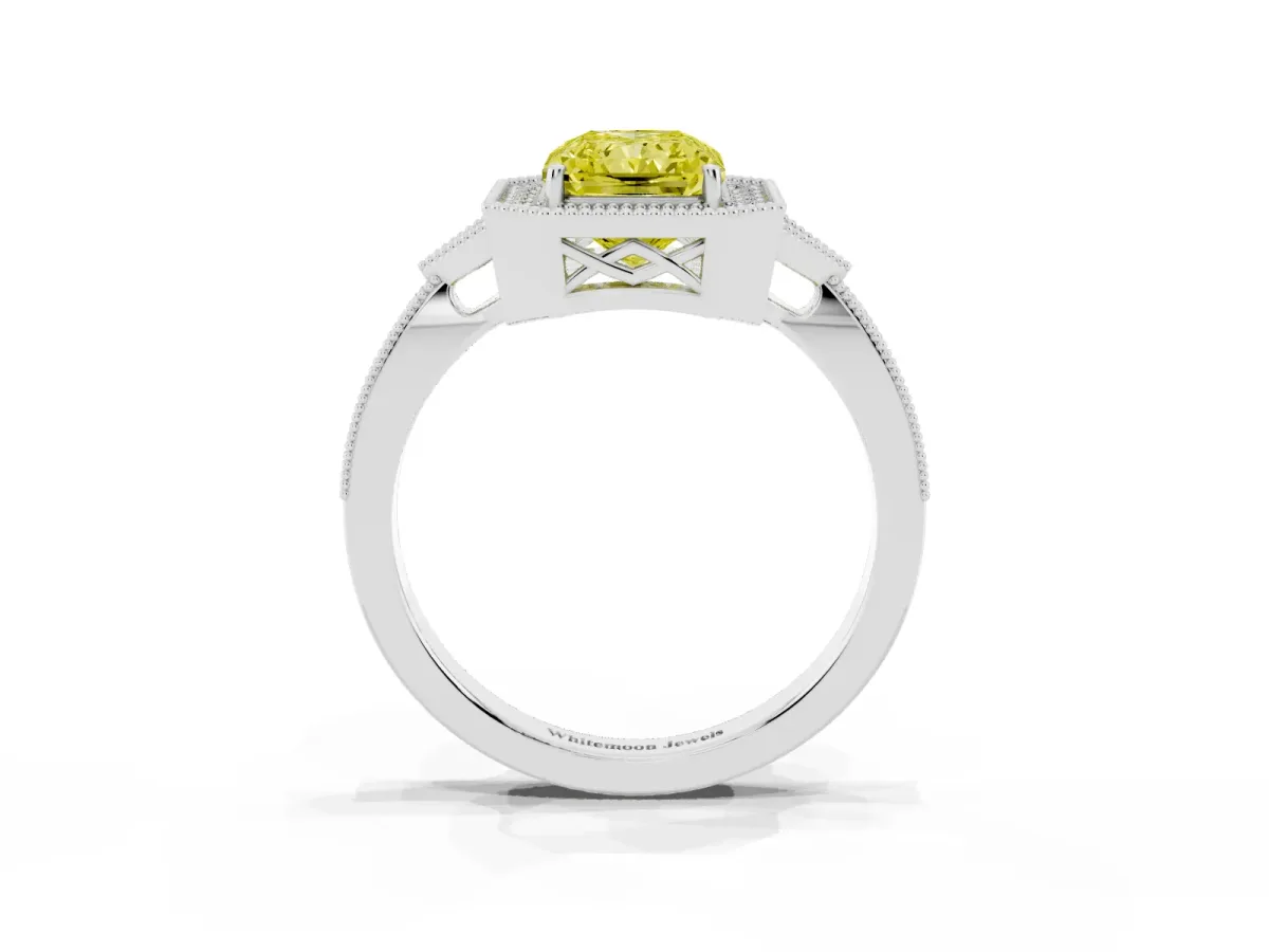 Fancy Yellow Radiant Cut Halo Round Diamond Milgrain Pave Engagement Ring Platinum