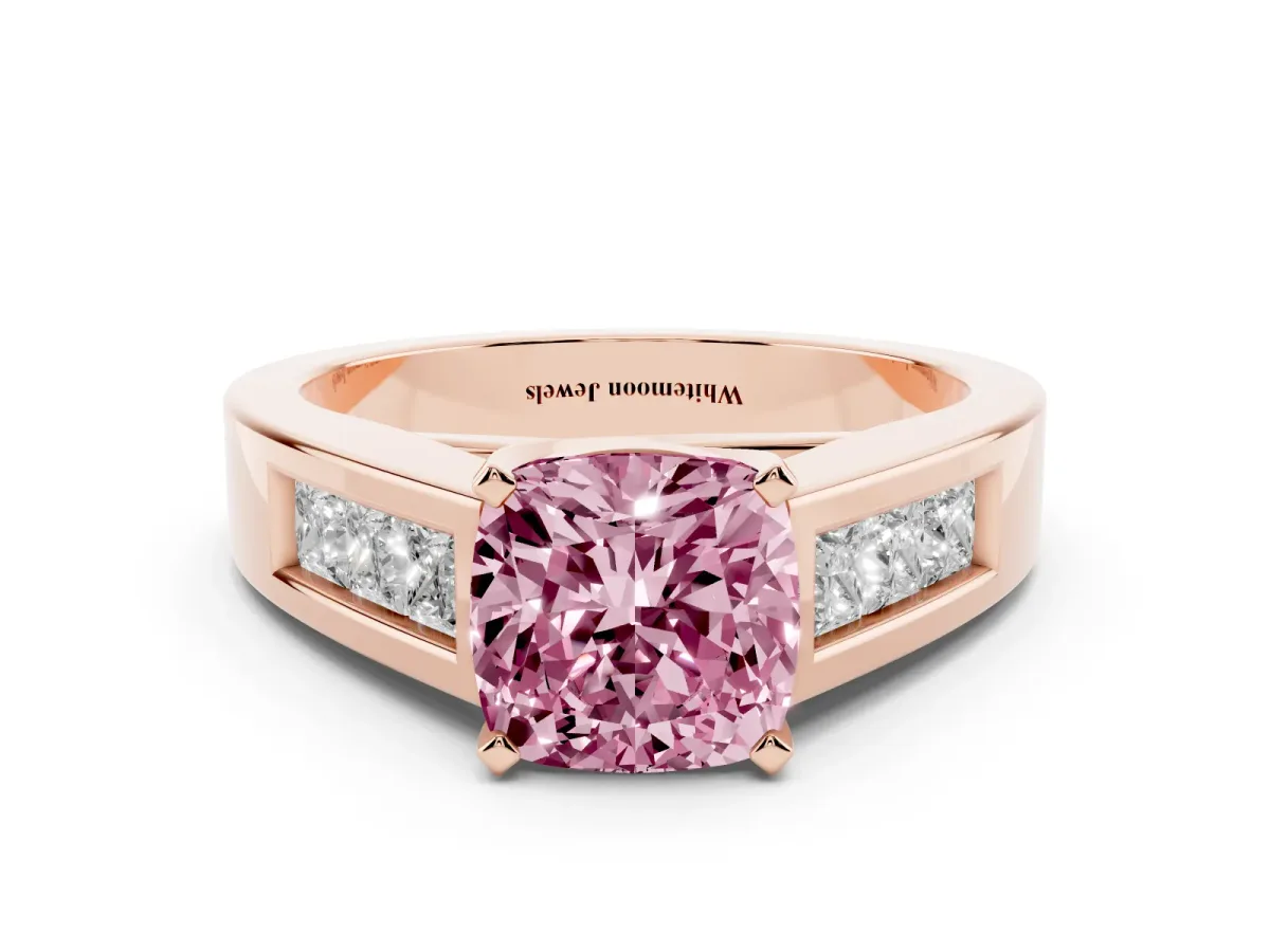 Fancy Pink Cushion Cut Cut Channel Set Solitaire Ring with Four-Prong Setting Rose gold