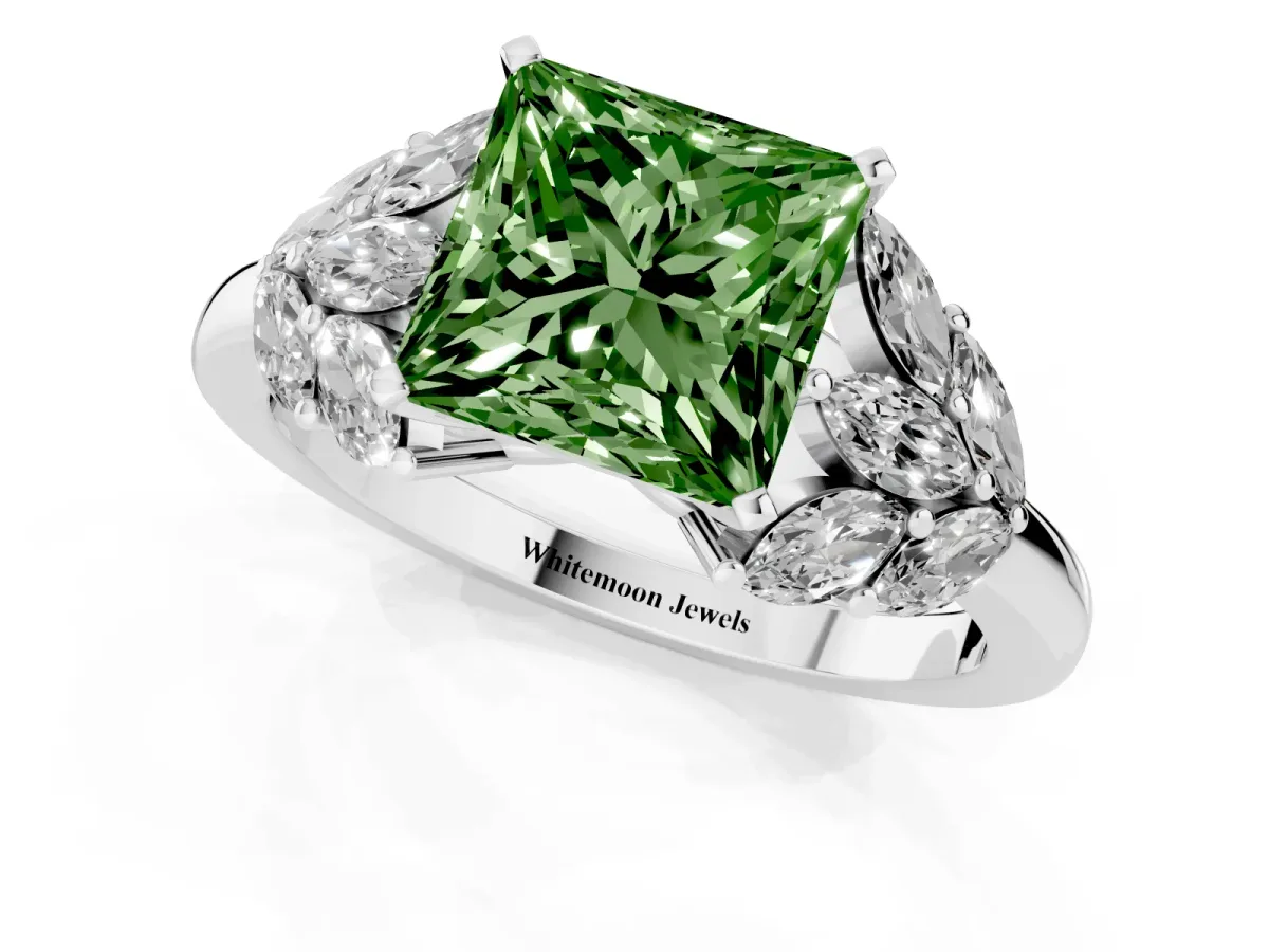 Fancy Green Princess Cut Diamond Cluster Leaf Design Ring with Prong Setting White gold
