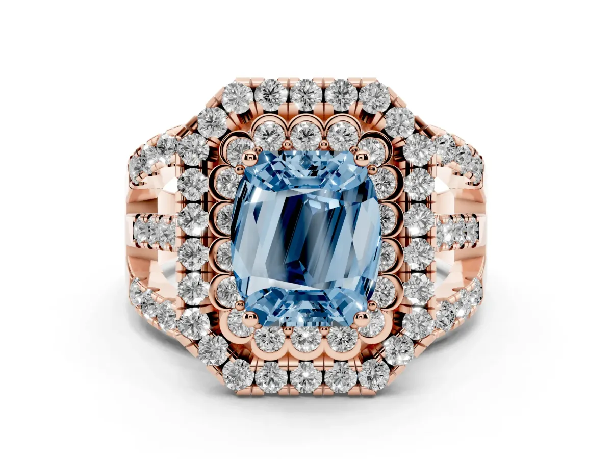 Fancy Blue Emerald Cut Diamond Double Halo Ring with Round Pavé Split Shank and Prong Setting Rose gold
