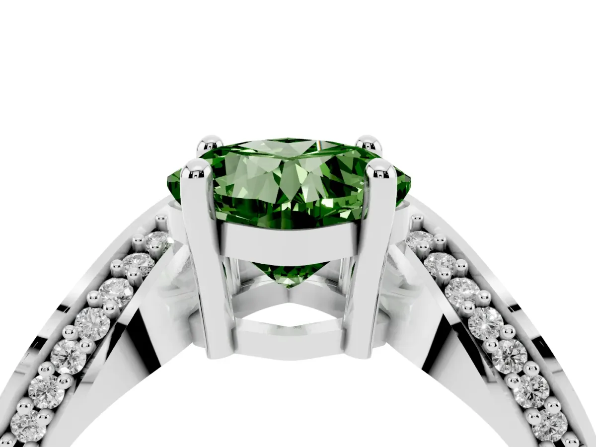 Fancy Green Cushion Cut Solitaire Diamond Engagement Ring with Pave Band and Four-Prong Setting White gold