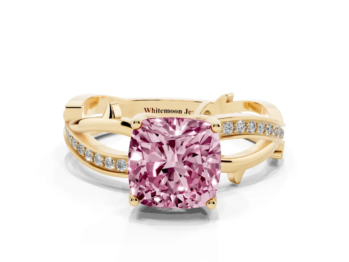 Fancy Pink Cushion Cut Solitaire Twist Band with Pavé Accents and Four-Prong Setting Yellow gold