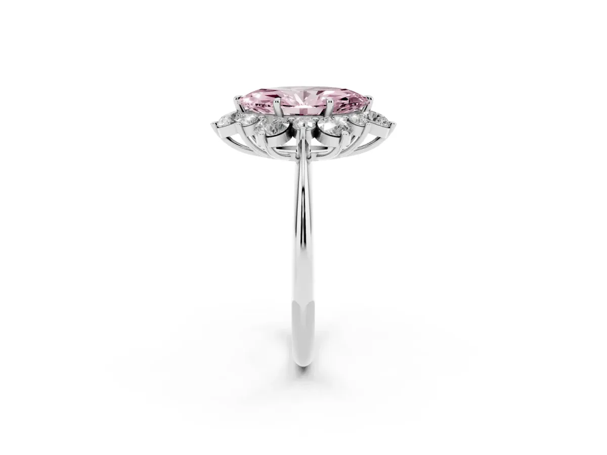 Fancy Pink Marquise Cut Diamond Cluster Halo Ring with Solitaire Band and Four-Prong Setting Silver