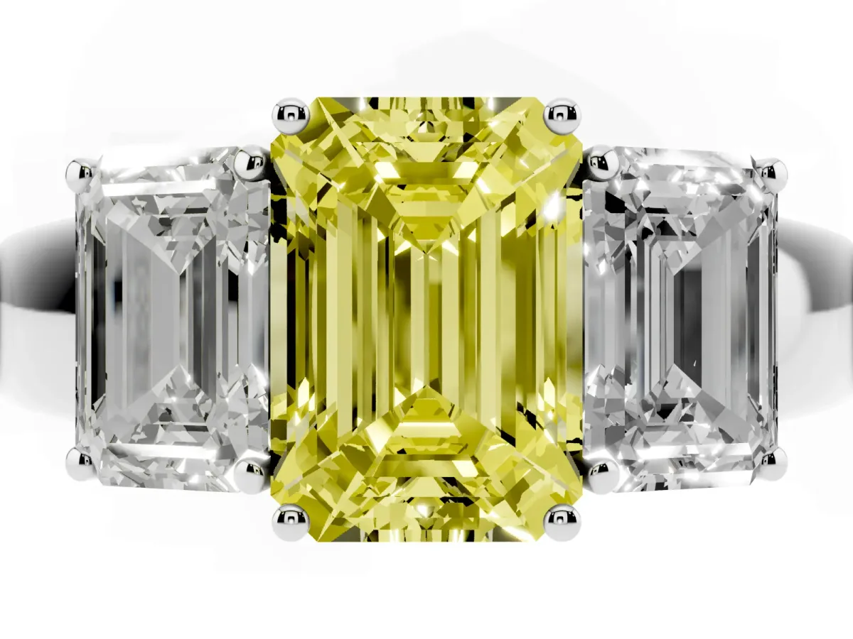 Fancy Yellow Three-Stone Emerald Cut Cut Diamond Ring with Prong Setting and Classic Band Platinum