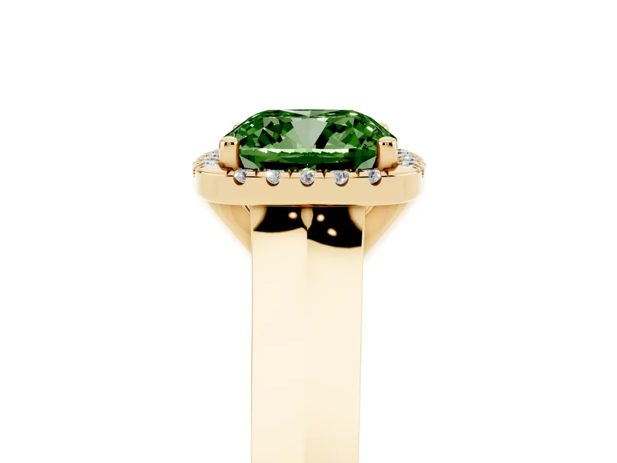 Fancy Green Cushion Cut Halo Diamond Ring with Cathedral Band and Four-Prong Setting Yellow gold