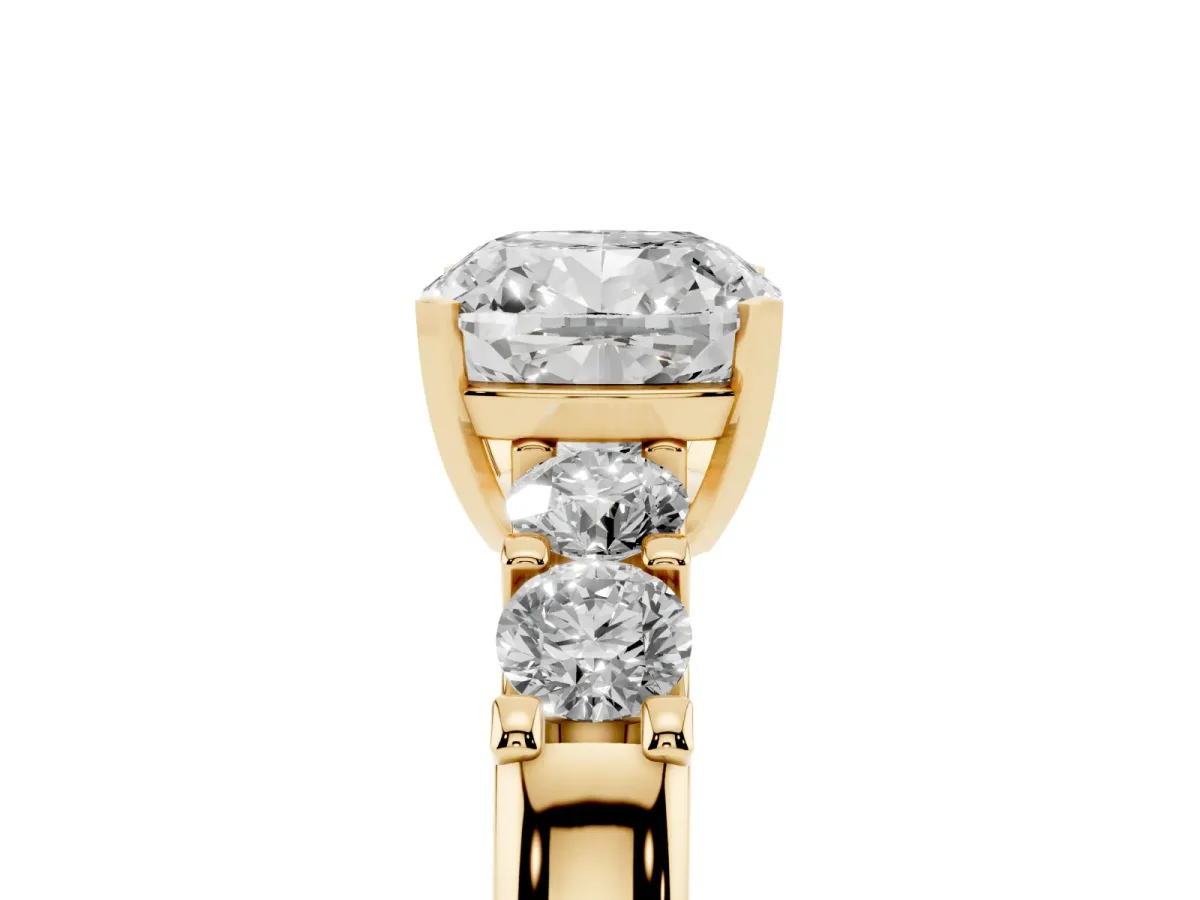 Cushion Cut Brilliant Cut Diamond Five-Stone Prong Set Engagement Ring with Channel Band Yellow gold