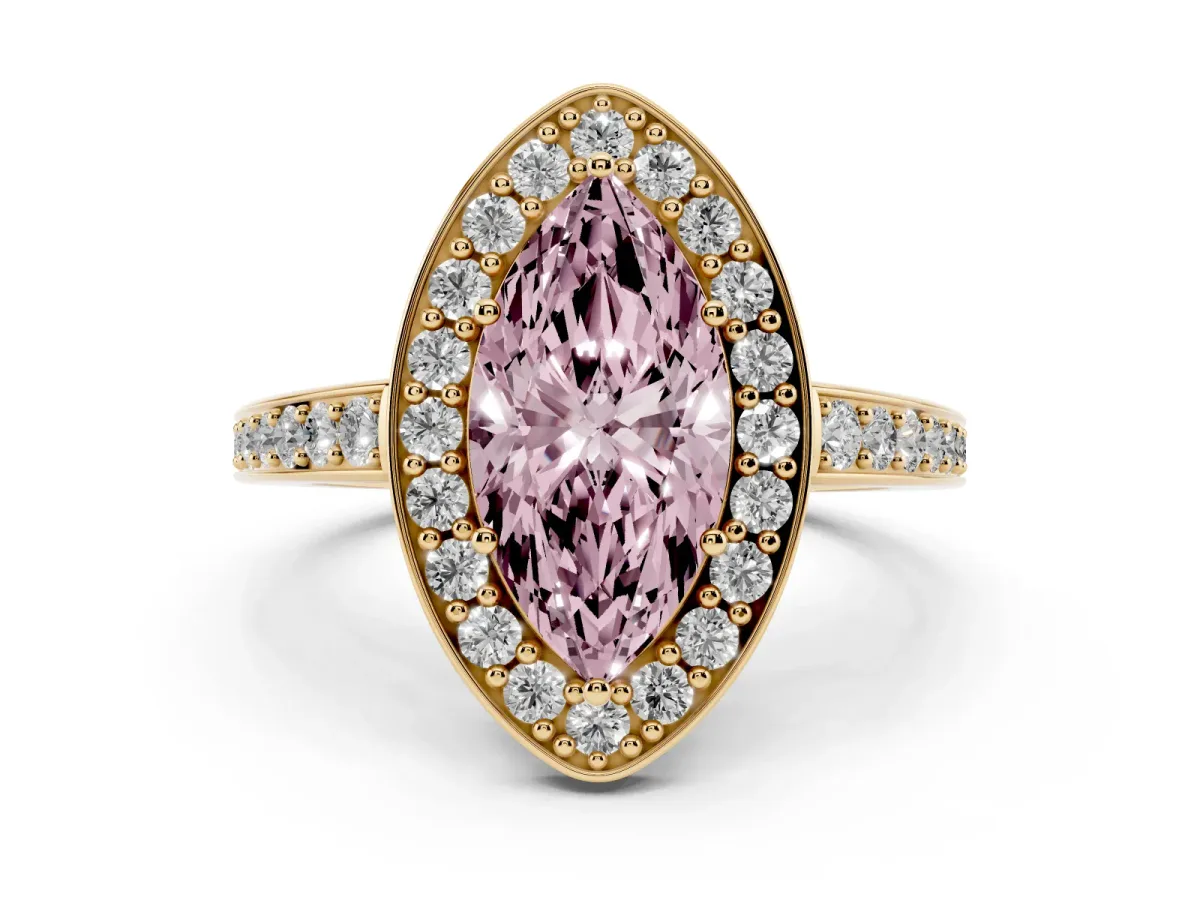 Fancy Pink Marquise Cut Halo Pavé Diamond Engagement Ring with Bezel Setting Yellow gold