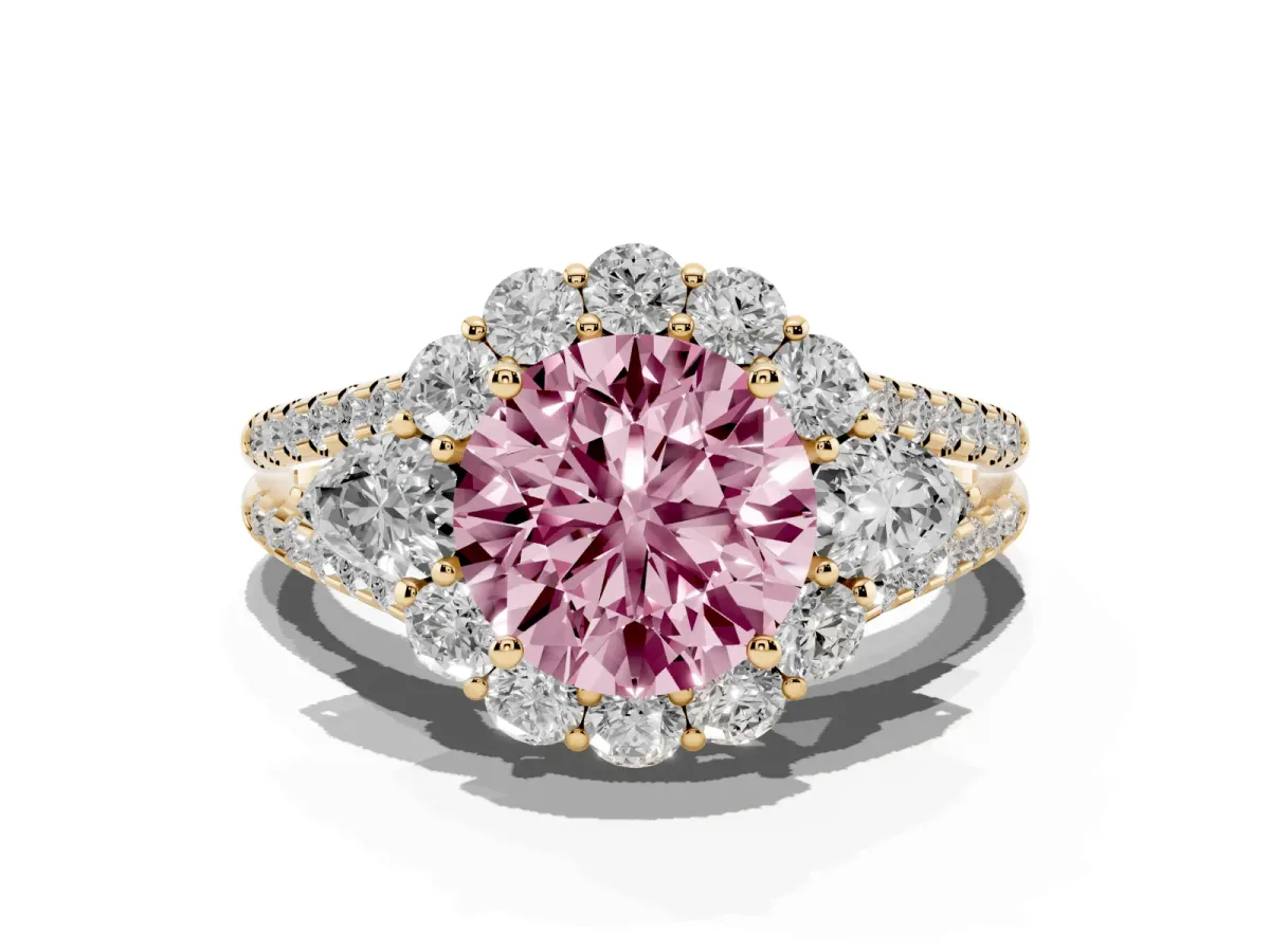 Fancy Pink Round Cut Halo Split Shank Diamond Engagement Ring with Prong Setting Yellow gold