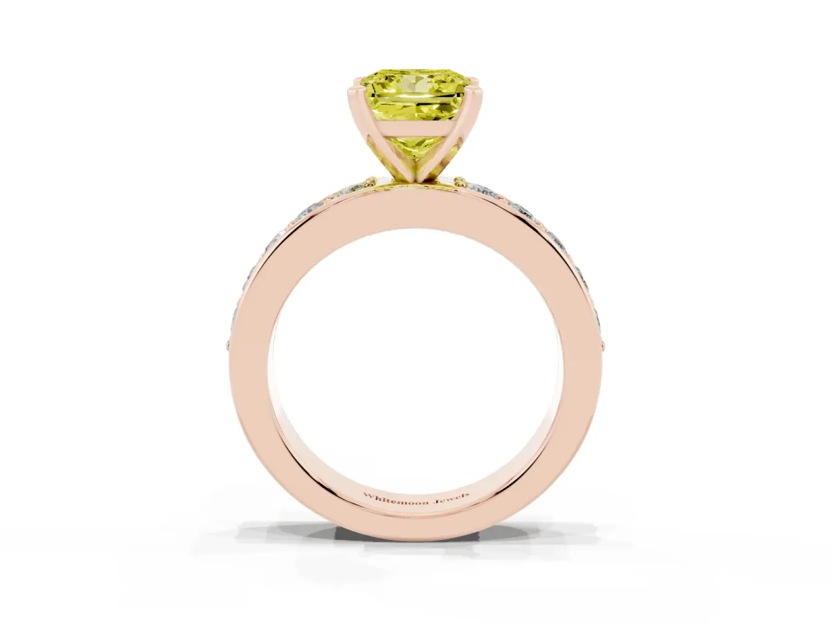 Fancy Yellow Princess Cut Diamond Engagement Ring with Channel Set Round Band and Prong Setting Rose gold