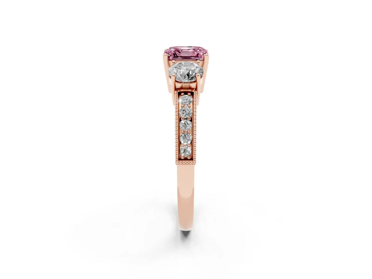 Fancy Pink Asscher Cut Three-Stone Diamond Ring with Pavé Band and Four-Prong Setting Rose gold