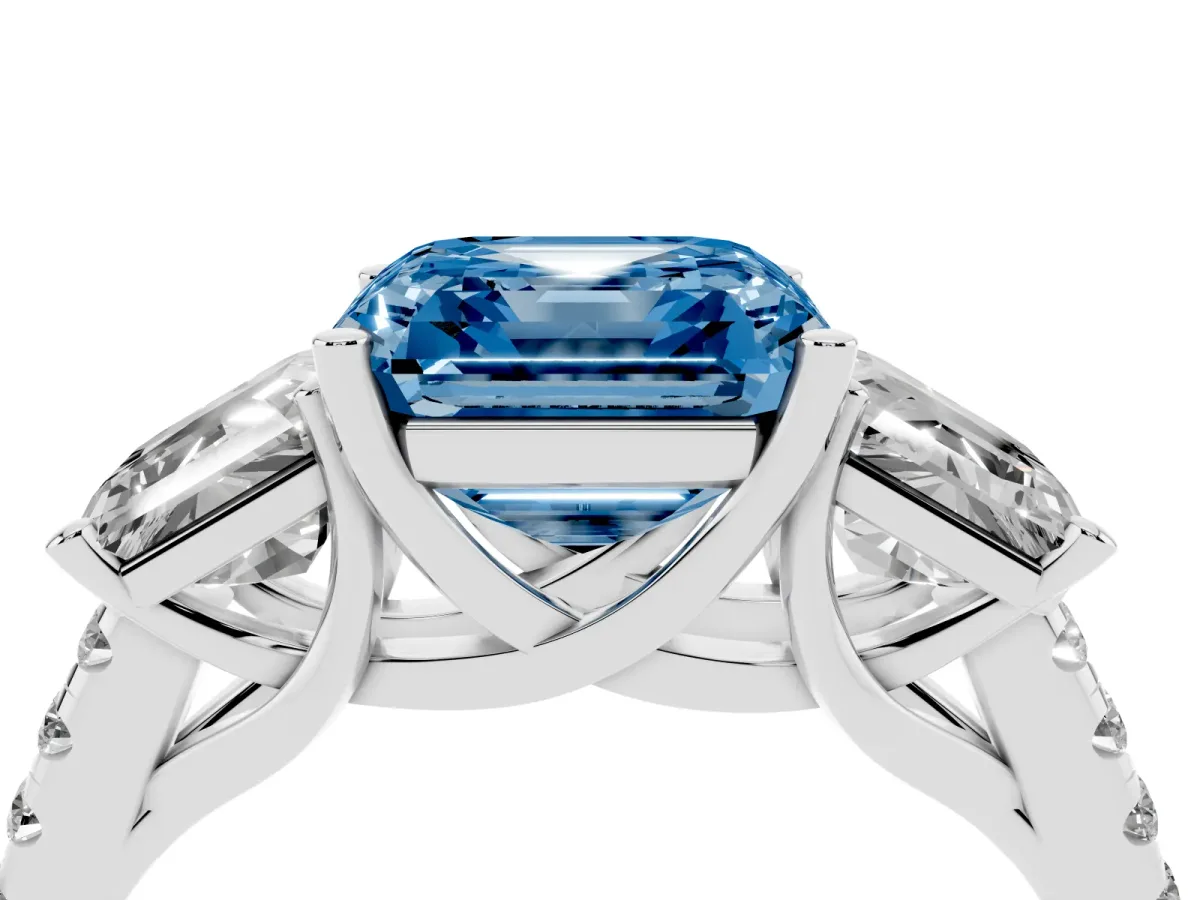 Fancy Blue Three-Stone Asscher Cut Diamond Ring with Round Pavé Band and Prong Setting Silver