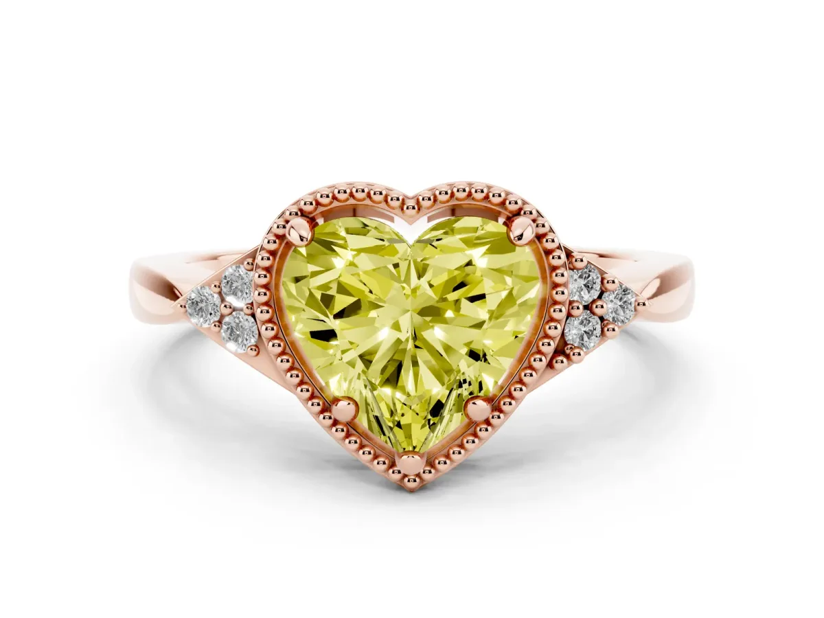 Fancy Yellow Heart Cut Diamond Halo Ring with Tapered Band and Four-Prong Setting Rose gold