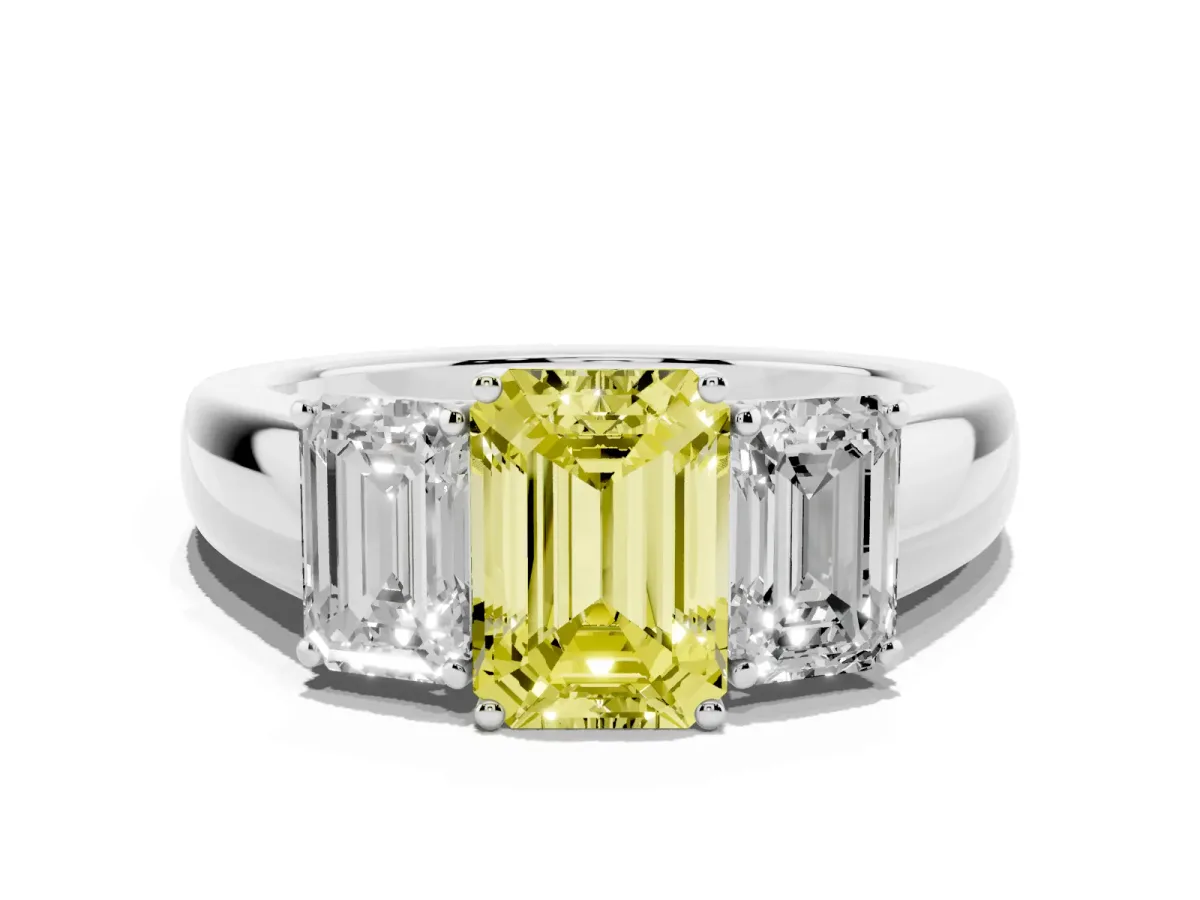 Fancy Yellow Three-Stone Emerald Cut Cut Diamond Ring with Prong Setting and Classic Band Platinum