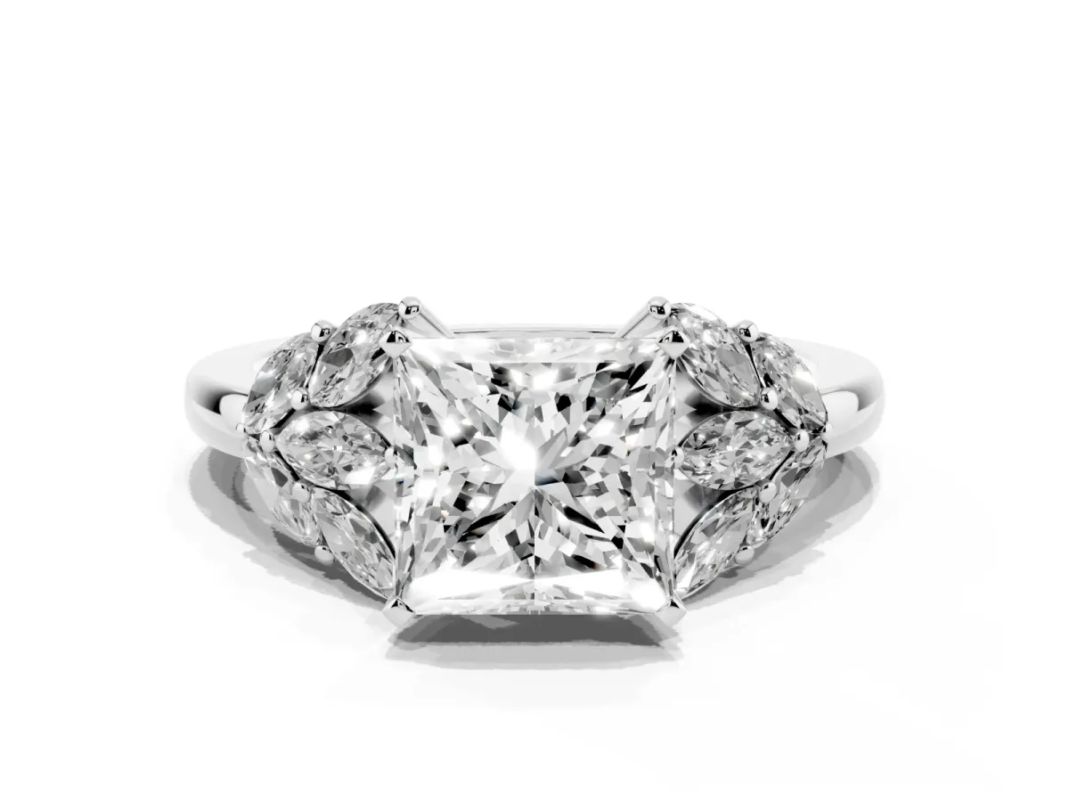 Princess Cut Diamond Cluster Leaf Design Ring with Prong Setting White gold