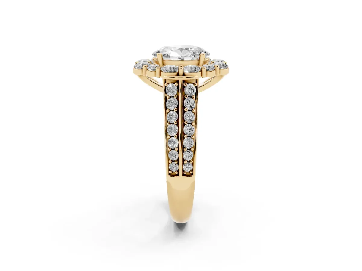 Oval Cut Halo Diamond Engagement Ring with Split Shank and Prong Setting Yellow gold