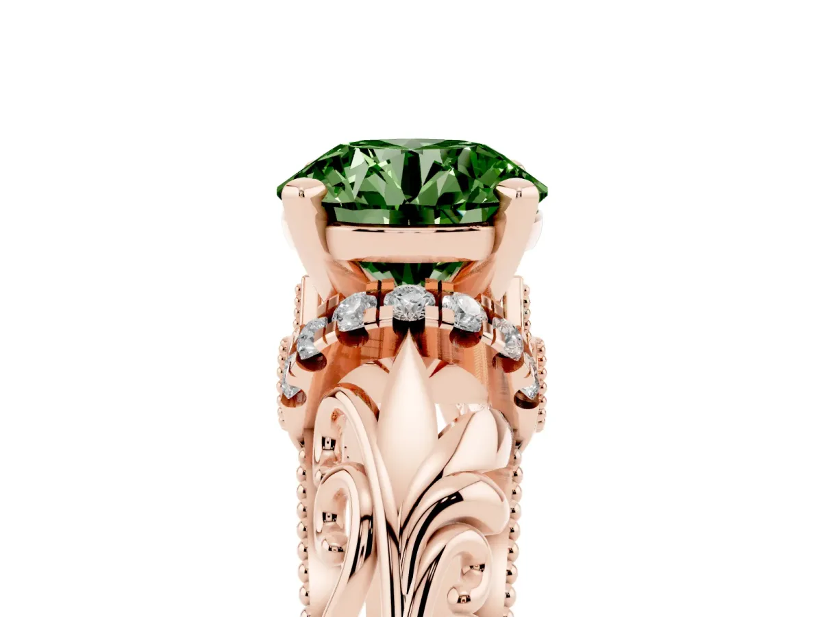 Fancy Green Round Cut Solitaire Filigree Engagement Ring with Halo and Prong Setting Rose gold