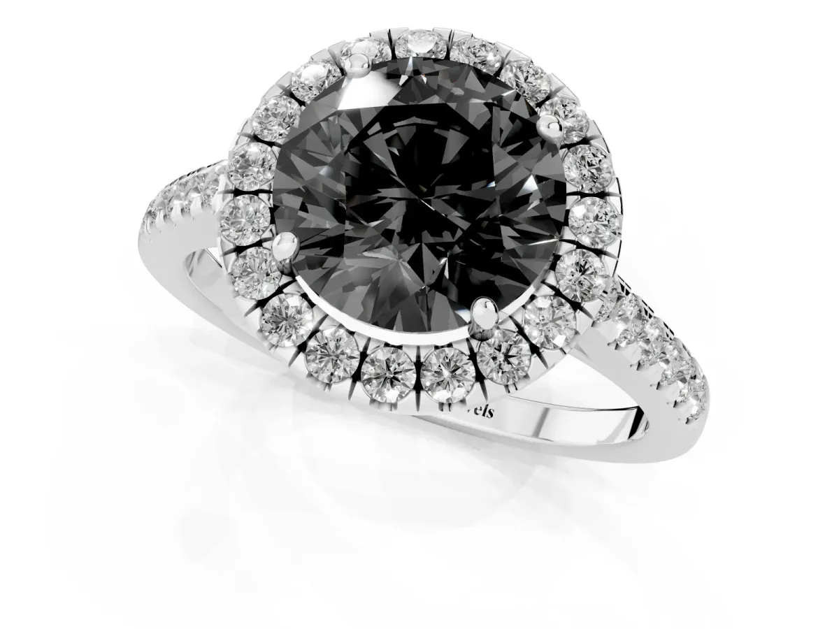 Fancy Black Round Cut Halo Pave Diamond Engagement Ring with Four-Prong Setting Silver
