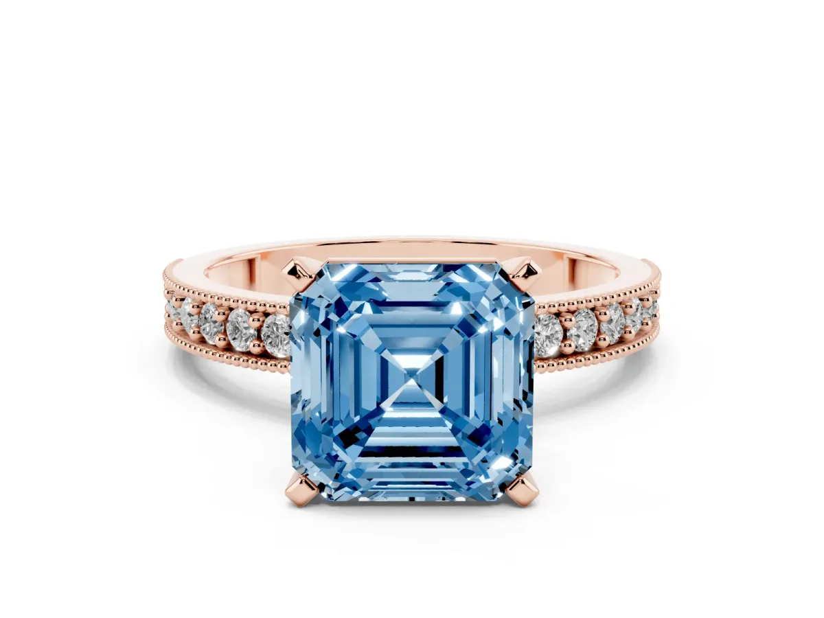 Fancy Blue Asscher Cut Diamond Milgrain Pavé Engagement Ring with Four-Prong Setting Rose gold
