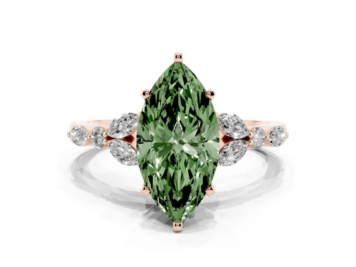 Fancy Green Marquise Cut Diamond Solitaire Ring with Side Stones and Four-Prong Setting Rose gold
