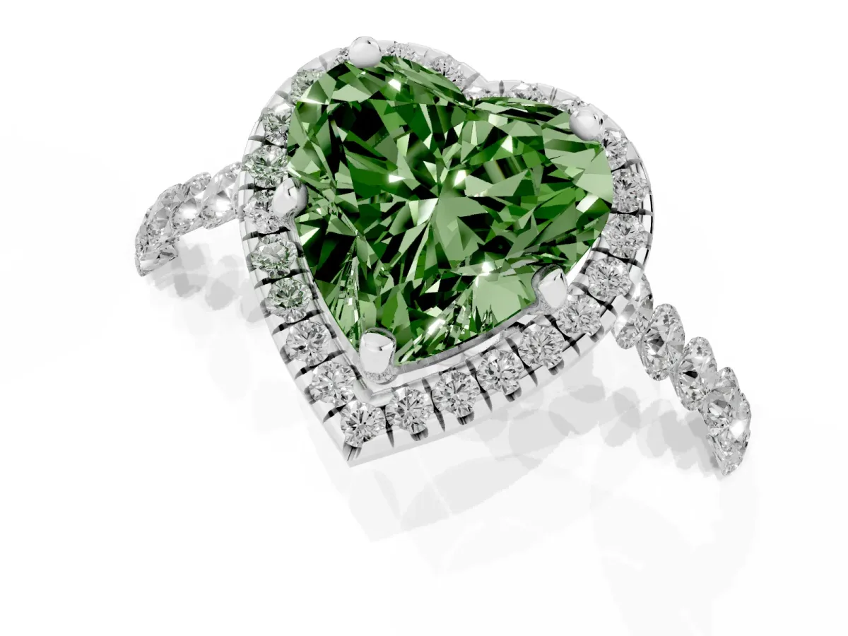 Fancy Green Heart Cut Halo Pavé Diamond Engagement Ring with Four-Prong Setting Silver