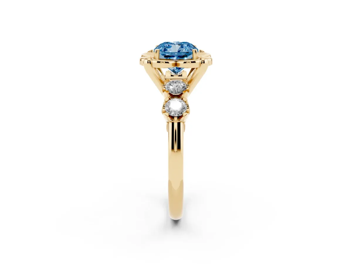 Fancy Blue Cushion Cut Cut Diamond Floral Halo Engagement Ring with Shared Prong Setting Yellow gold
