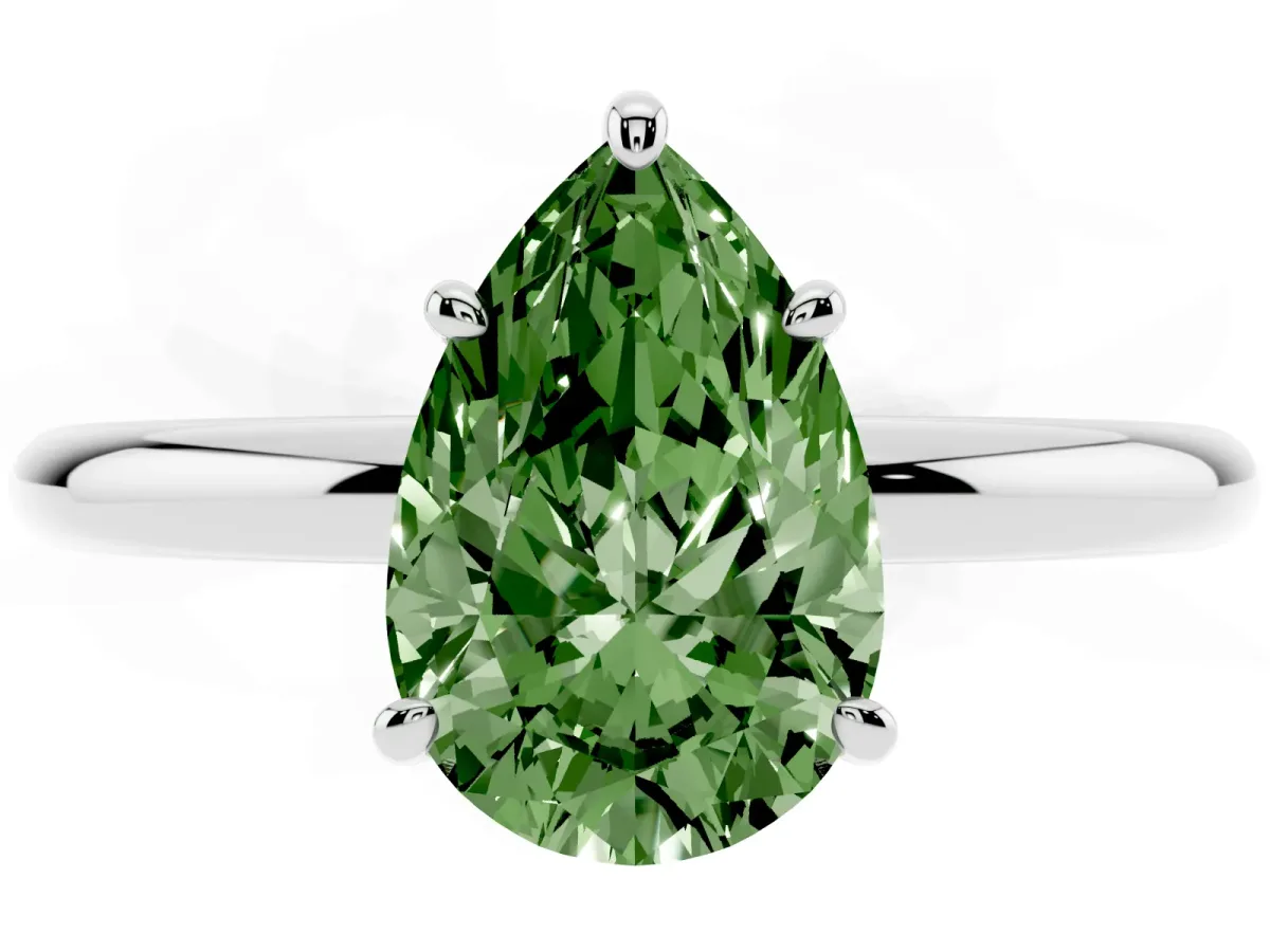 Fancy Green Pear Cut Solitaire Diamond Ring with Four-Prong Setting on a Plain Band Platinum