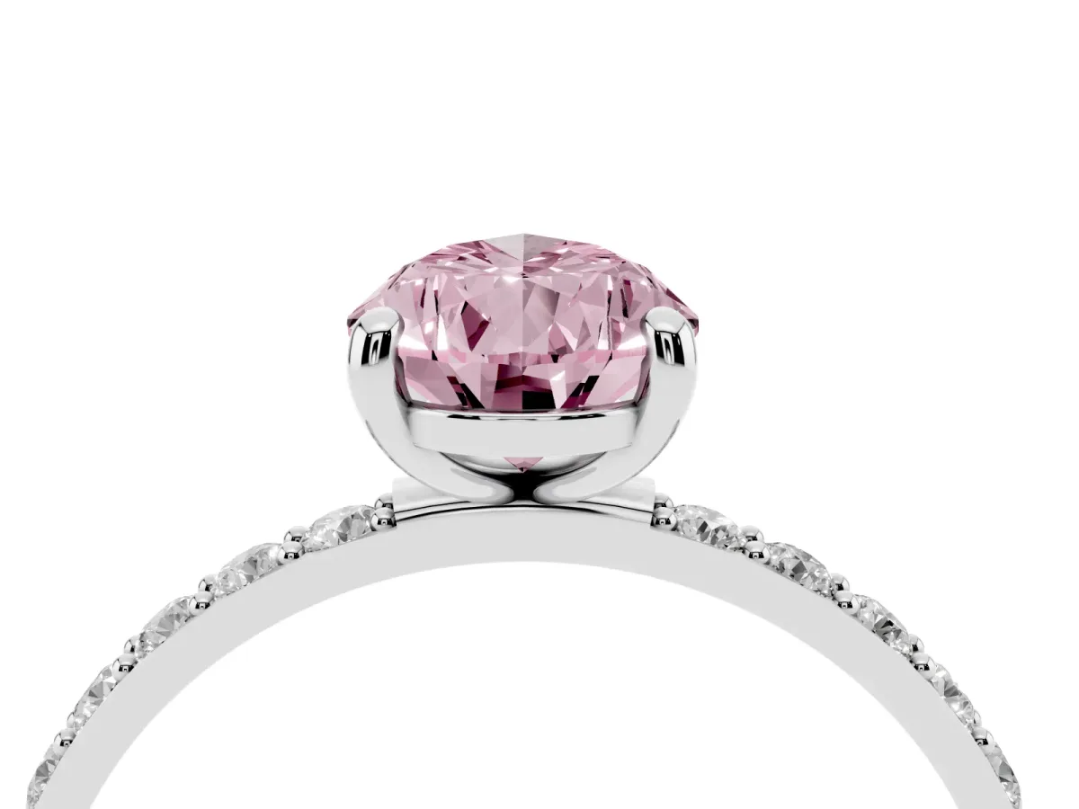 Fancy Pink Pear Cut Diamond Solitaire Ring with Round Pavé Band and Prong Setting Platinum