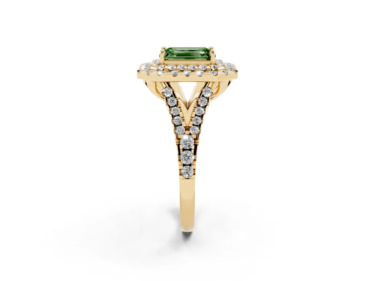 Fancy Green Double Halo Emerald Cut Diamond Pavé Split Shank Ring with Prong Setting Yellow gold