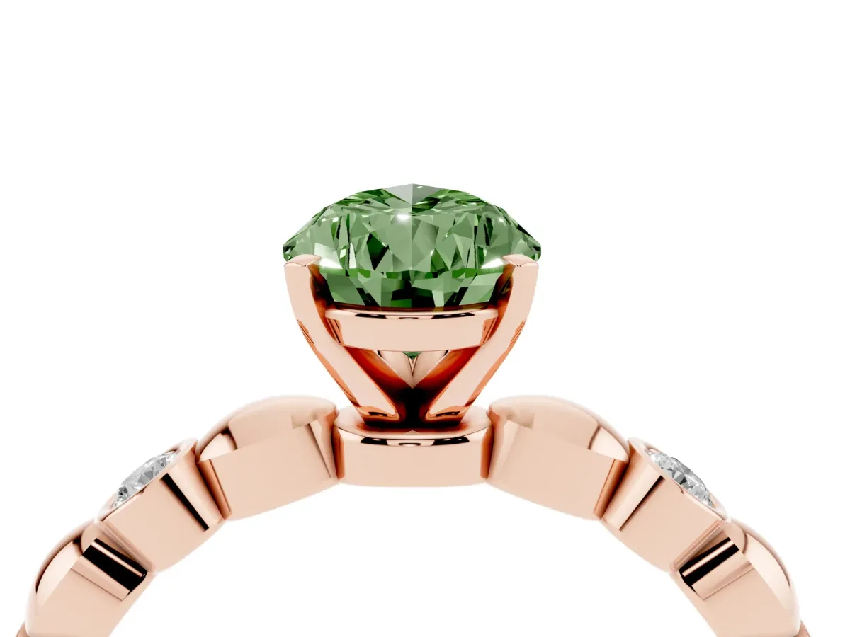 Fancy Green Pear Cut Solitaire Bezel-Set Diamond Ring with Beaded Band and Four-Prong Setting Rose gold
