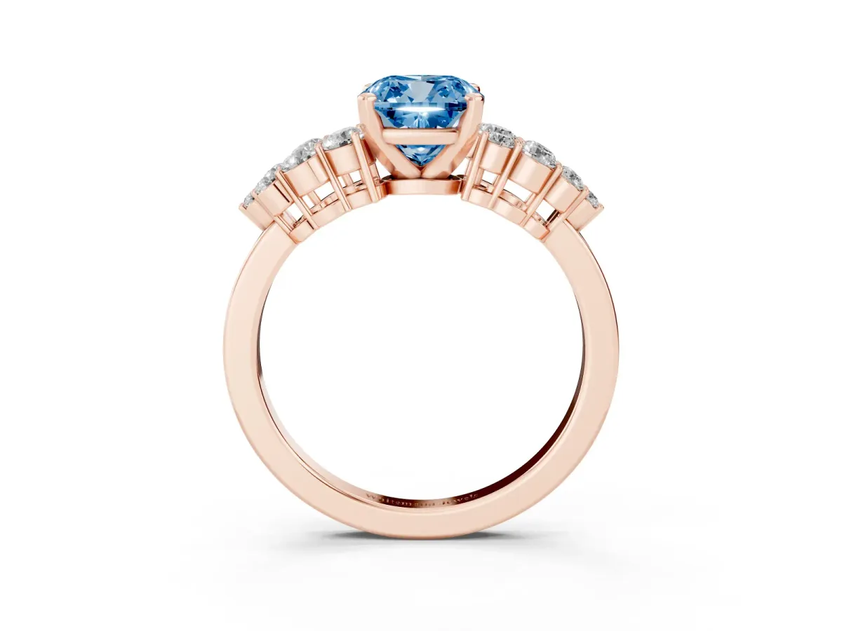 Fancy Blue Cushion Cut Cluster Diamond Engagement Ring with Pavé Band and Four-Prong Setting Rose gold