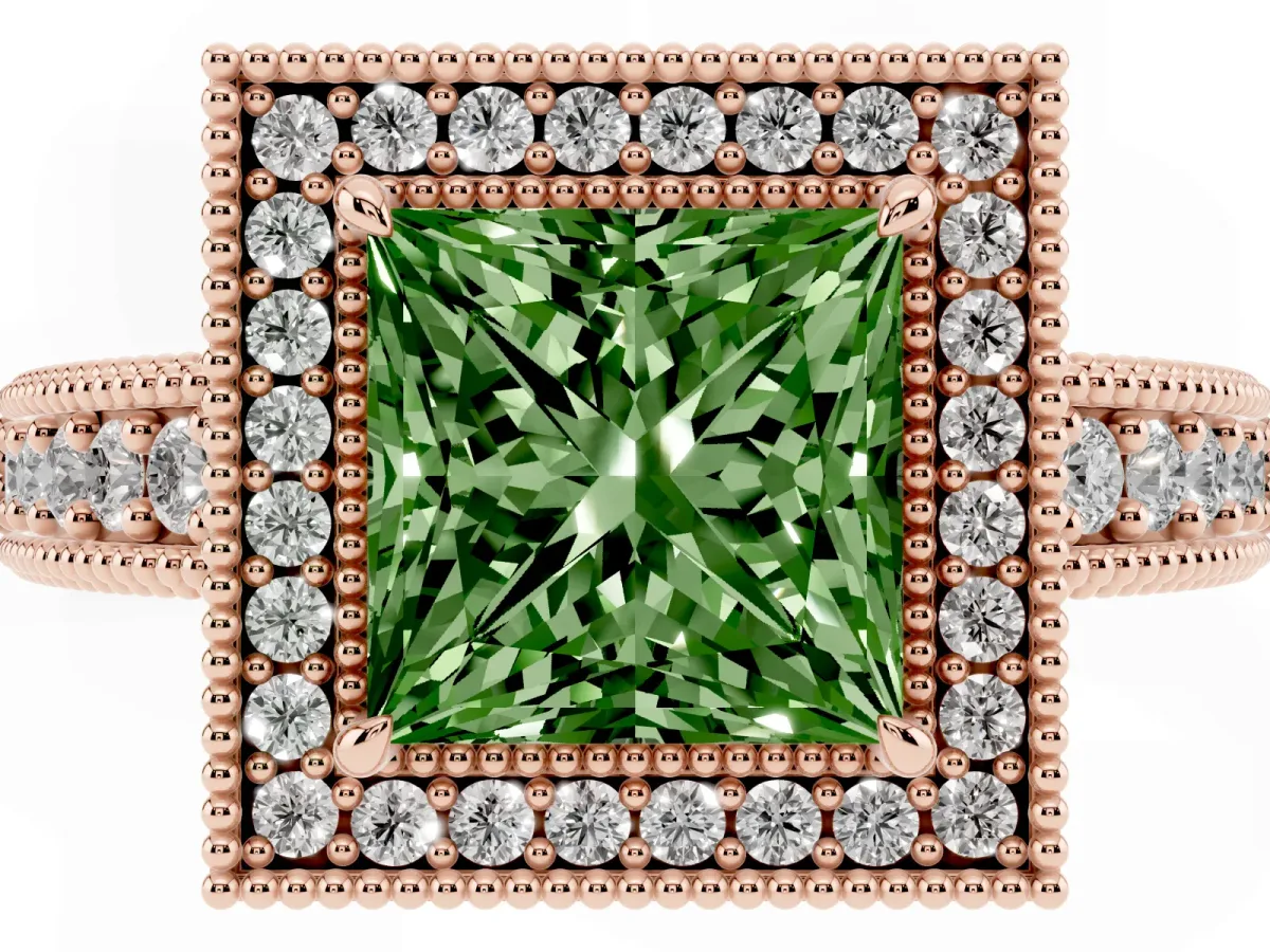Fancy Green Princess Cut Cut Halo Diamond Ring with Pavé Band and Four-Prong Setting Rose gold