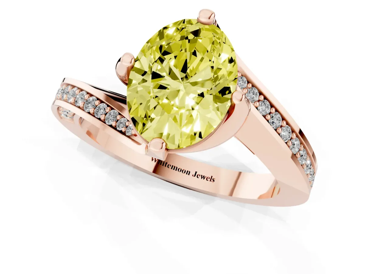 Fancy Yellow Oval Cut Solitaire Diamond Twist Band with Pavé Setting and Four-Prong Setting Rose gold