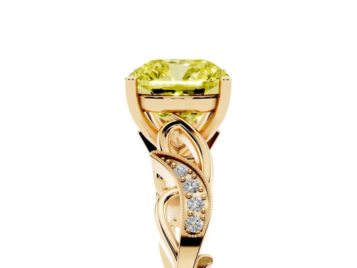 Fancy Yellow Cushion Cut Solitaire Vine Band with Milgrain Prong Setting Yellow gold