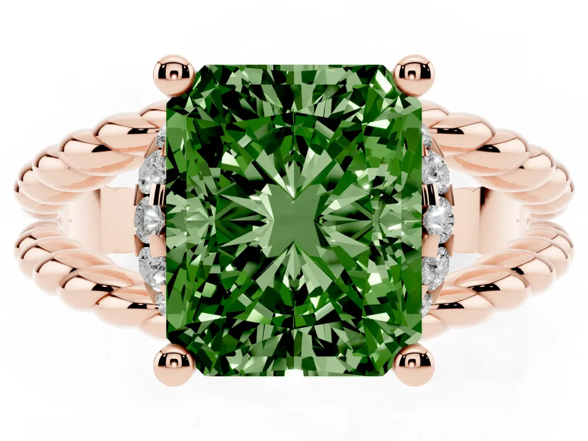 Fancy Green Radiant Cut Halo Twisted Band Four-Prong Ring Rose gold