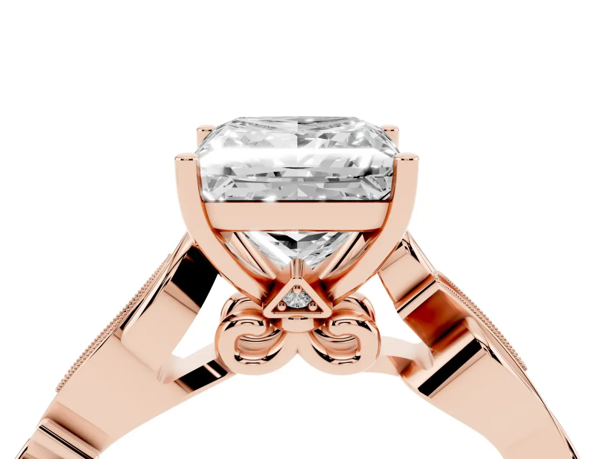 Princess Cut Solitaire Vine Band with Milgrain Prong Setting Rose gold
